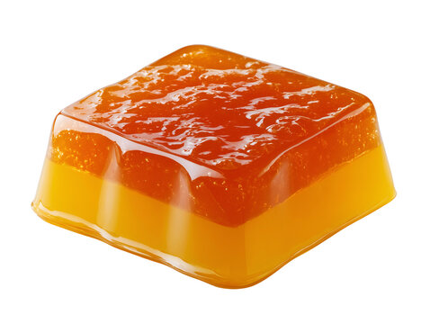 Orange gelatin dessert with a glossy fruit jelly topping, smooth layered texture, isolated on a white background.