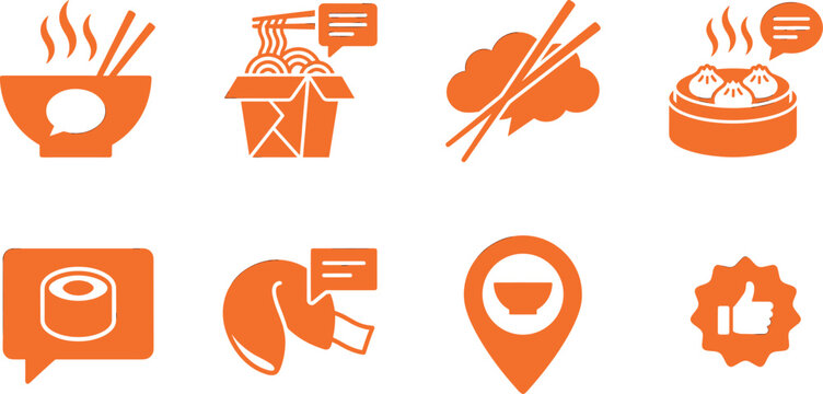 Orange Asian food delivery and restaurant review vector icon set with noodles box sushi dimsum fortune cookie map pin location and thumbs up recommendation symbols