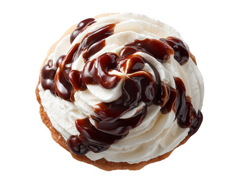 Cream puff topped with whipped cream and rich chocolate sauce, isolated on a white background.
