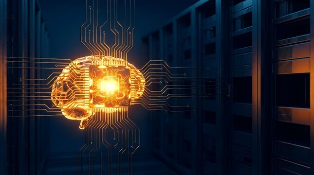 The Glowing Core of Artificial Intelligence: A conceptual 3D render of a brain representing artificial intelligence depicted as a hot glowing computer chip. A powerful visualization of the processing