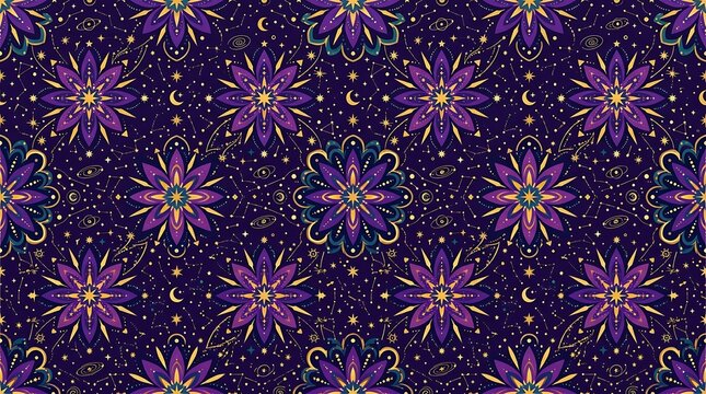 Ornate celestial pattern with mystical mandalas and golden stars