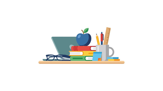 Flat Vector Illustration of a Modern School Desk Workspace