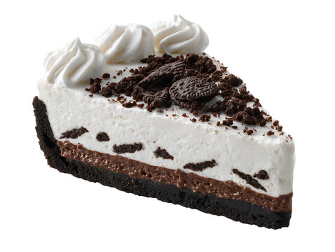 Slice of Oreo dessert with creamy cookies-and-cream filling, chocolate layer, Oreo cookie topping, and chocolate cookie crust, isolated on white.