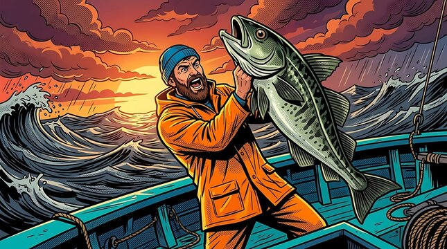 Fisherman holding a large trophy fish on a boat during a storm