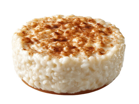Creamy rice pudding dusted with cinnamon, isolated on a white background with a rich, smooth texture.