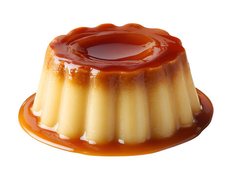 Classic caramel pudding with smooth vanilla custard and glossy caramel sauce, isolated on a white background.