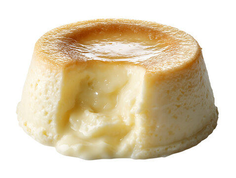 Creamy vanilla custard pudding with a soft, silky center, isolated on a white background.