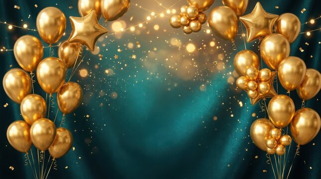 Elegant golden balloon archway against a rich teal velvet backdrop for festive celebrations and luxury event decorations with sparkling bokeh light accents
