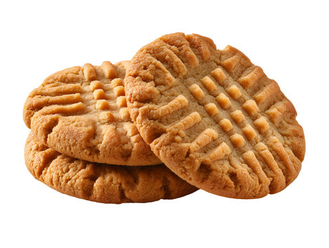 Classic peanut butter cookies with a signature fork pattern, stacked and isolated on a white background for a clean studio presentation.