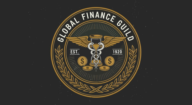 Finance guild emblem displays a caduceus symbol, winged staff, and coins surrounded by a gold laurel wreath.