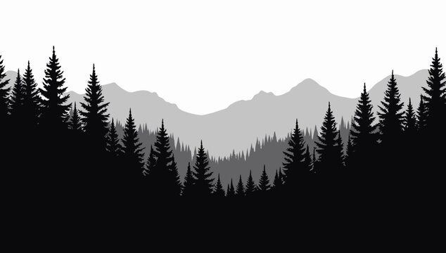 Forest trees set. tree silhouettes for winter forest landscape design, Mountain landscape. Mountains and coniferous forest. Christmas tree, fir-tree, pine, pine-tree

