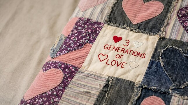 A close-up of a handmade vintage quilt section made from denim in pink blue purple and stripes featuring hearts and using material worn by three generations for a heart concept close-up handmade