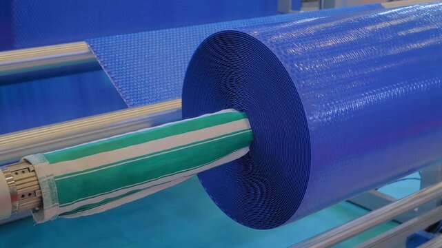 Automatic plastic film blowing machine - moving roller, winding roll with blue polyethylene bubble wrap film at trade show, plant: close up. Manufacturing, recycling, industry, and industrial concept