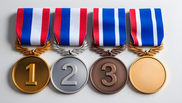 Four award medals with ribbons for first second and third place illustration