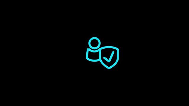 A vibrant cyan outline depicting a person shielded and verified with a checkmark, presented against a stark black background, signifying digital security, user authentication, and data protection