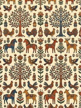 Traditional folk art pattern with animals birds and floral motifs