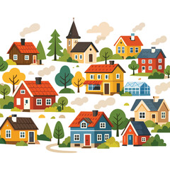 Naklejka premium Colorful cartoon houses with musical notes and sound waves illustration