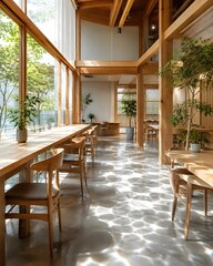 Fototapeta premium Bright Empty Wooden Coworking Space with Large Windows and Indoor Plants