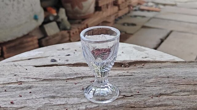 Small pellets of ornamental fish food in a glass.