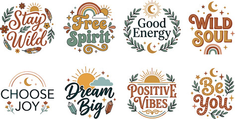Retro boho typography vector emblem set with hand drawn quotes rainbows sunbursts crescent moons stars crystals feathers and inspirational motivational slogans © ALOMGIR