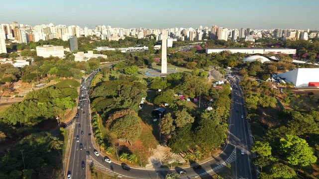 Ibirapuera Obelisk illuminated at nigh, in S&atilde;o Paulo, Brazil - stands out as one of the most emblematic monuments in the city and pays homage to the heroes of the 1932 Constitutionalist Revolution