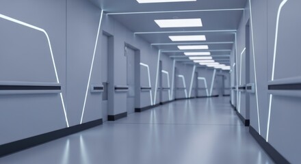 Obraz premium Futuristic spaceship corridor with white glowing neon lights sleek metallic walls, for advanced technology, interstellar travel, corporate innovation, clean modern future