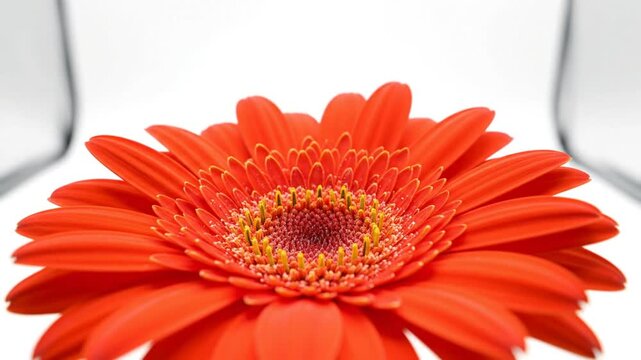 Close-up of a vibrant orange gerbera daisy flower with yellow center on white background, floral detail