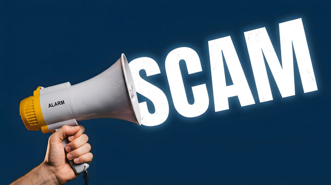 Hand holding alarm megaphone amplifying warning about scam alerts with illuminated word warning against scams against deep blue backdrop projecting glowing illuminated