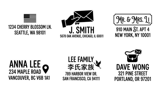 Assorted personalized address labels and stamps.