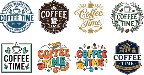 Vintage coffee time label and badge vector collection featuring classic retro emblems, typography laurels, colorful bubble letters, and artisan roaster shield designs. © ALOMGIR