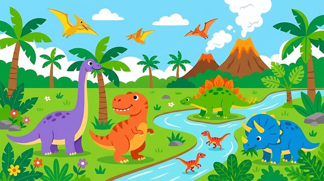 Vibrant and Playful Cartoon-Style Illustration or Scene Featuring Colorful Dinosaurs in a Prehistoric Landscape Rendered in a Clean Flat Design Style with Bold Shapes and Bright Colors Depicting