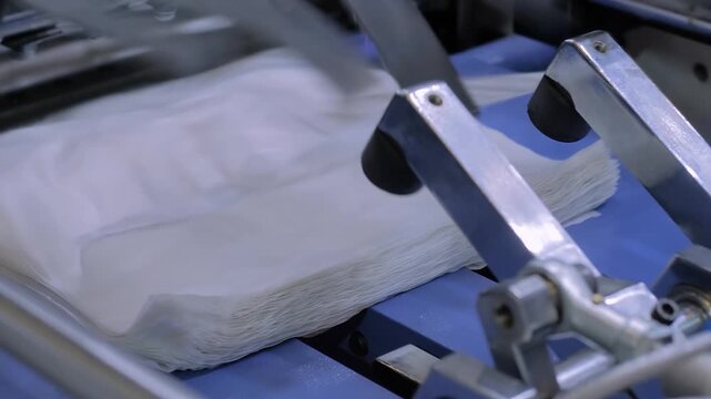Automatic plastic bag making machine - production of packaging bags at trade show, factory: close up. Concept of technology equipment, industry, manufacturing, and stacking