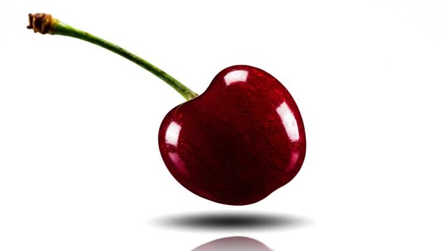 Single glossy red cherry with green stem isolated on white backdrop floating with its shadow and reflections