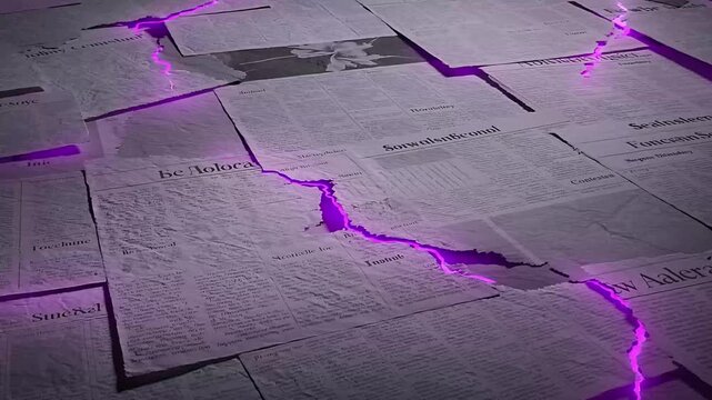Animated Newspaper Background with Purple Glow, Strikethroughs, and Distressed Paper Texture