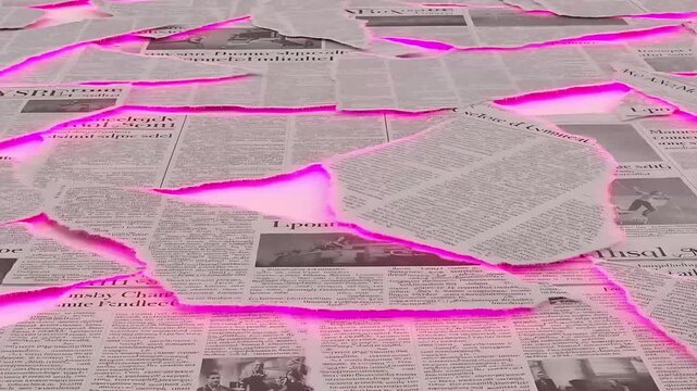Animated Vintage Newspaper Texture with Pink Neon Glow. Stop Motion Loop. Retro Video Background.