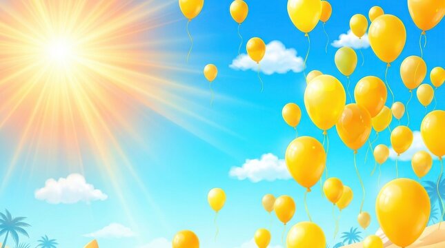 Bright yellow balloons float joyfully under a radiant summer sky with fluffy clouds and warm sunlight.