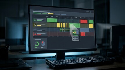 Fototapeta premium Computer screen displaying a driver hours-of-service compliance log with a timeline chart