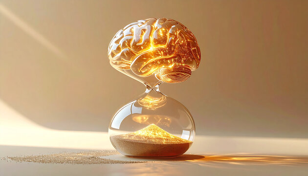 Mental Health Burnout Concept with Glowing Glass Brain Hourglass and Copyspace