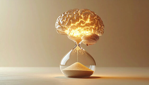 Powerful Glowing Glass Brain Hourglass on Sand Representing Intellectual Burnout and Cognitive Stress