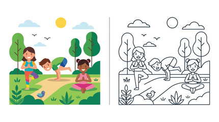 Naklejka premium Children Doing Yoga in a Park - Coloring Page and Full Color Illustration