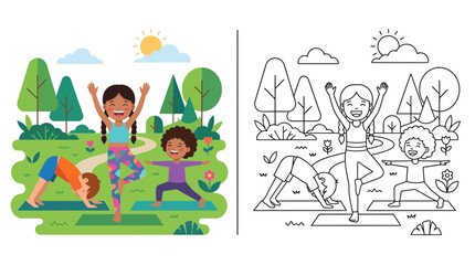 Fototapeta premium Children Doing Yoga in Park - Color and Outline Versions