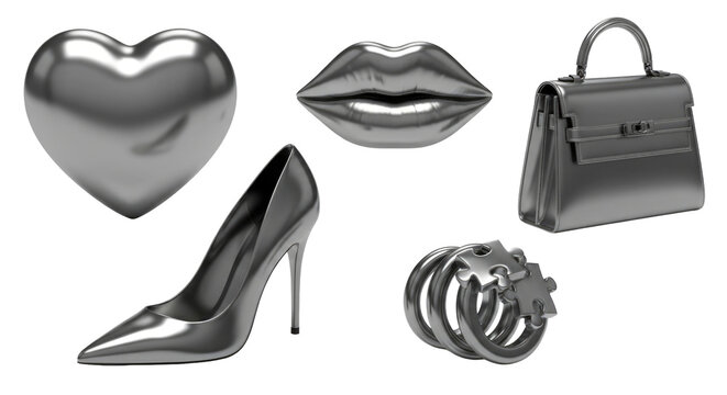 Silver fashion accessories set. Metallic style icons for design Cutout PNG