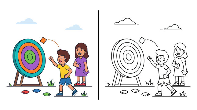 Children playing bean bag toss game at outdoor carnival, colorful target and playful scene
