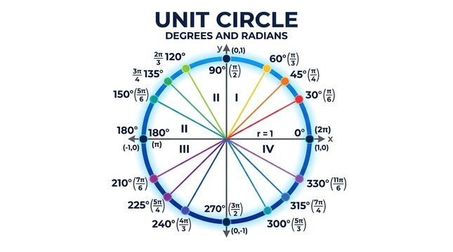 Unit circle diagram with degrees and radians. Mathematical chart for trigonometry study.