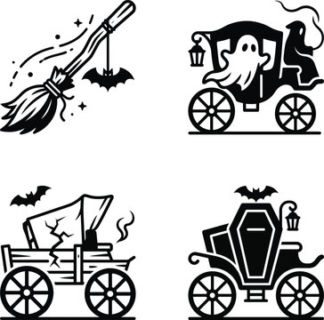 Spooky Vintage Transportation Halloween Icon Collection With Ghost Carriage And Wagon