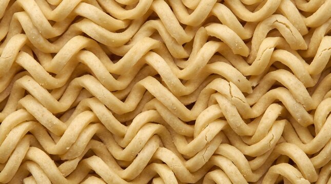 Close-up macro shot of wavy dried instant noodle texture pattern for culinary background concept