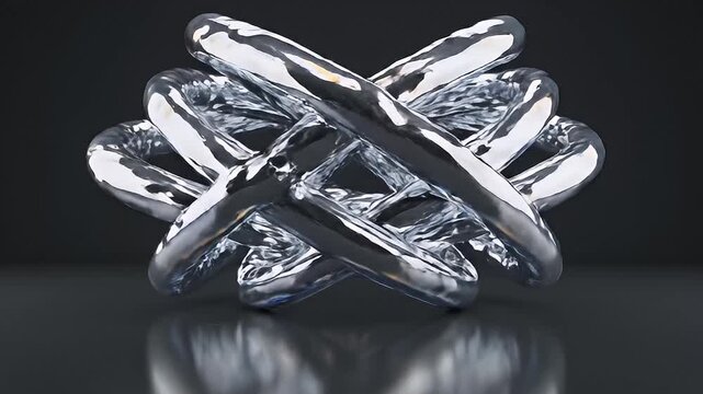 Gleaming chrome links form a complex interlocked structure on a reflective dark surface
