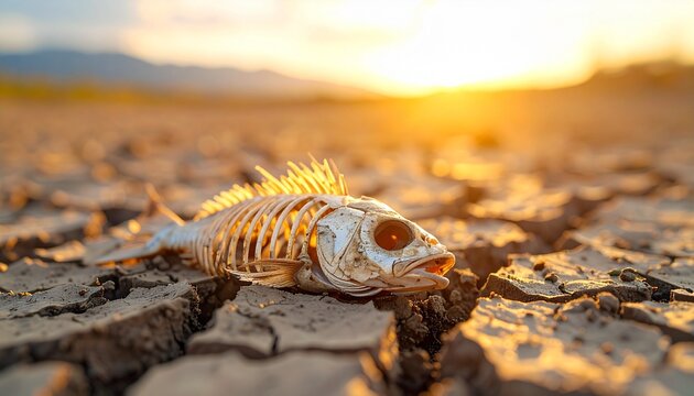 Fish skeleton lying on cracked dry soil in drought desert lake at sunset