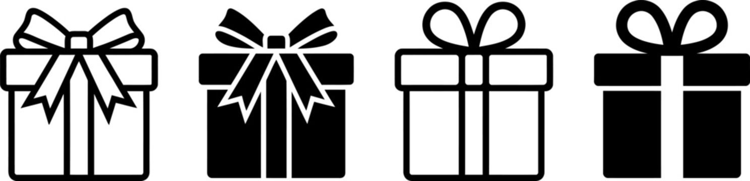 A collection of black and white gift box icons presented as a simple vector illustration for holiday and celebration designs