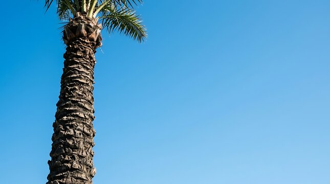 Single palm tree trunk and fronds against a clear blue sky